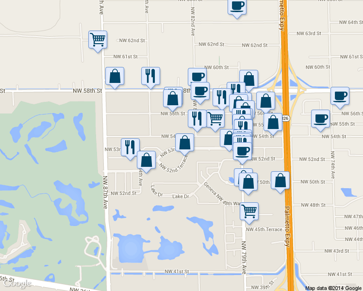 map of restaurants, bars, coffee shops, grocery stores, and more near 8301 Executive Center Dr in Miami