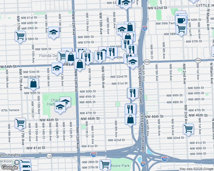map of restaurants, bars, coffee shops, grocery stores, and more near 841 Northwest 51st Street in Miami