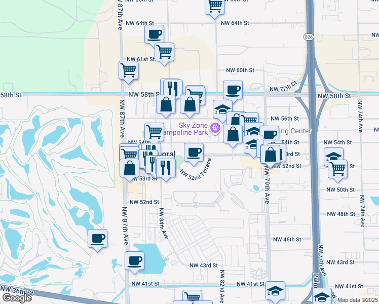 map of restaurants, bars, coffee shops, grocery stores, and more near 8333 Northwest 53rd Street in Doral