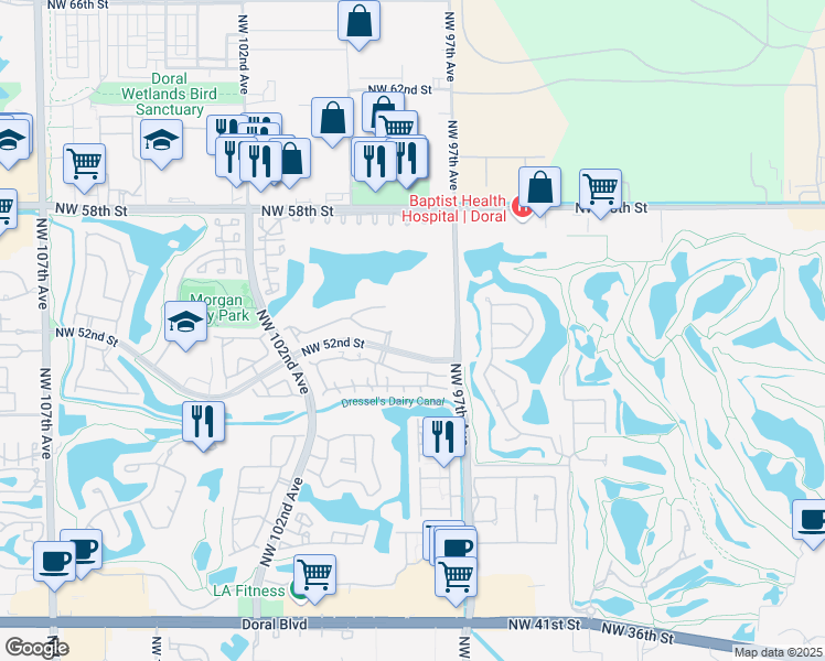 map of restaurants, bars, coffee shops, grocery stores, and more near 9755 Northwest 52nd Street in Doral