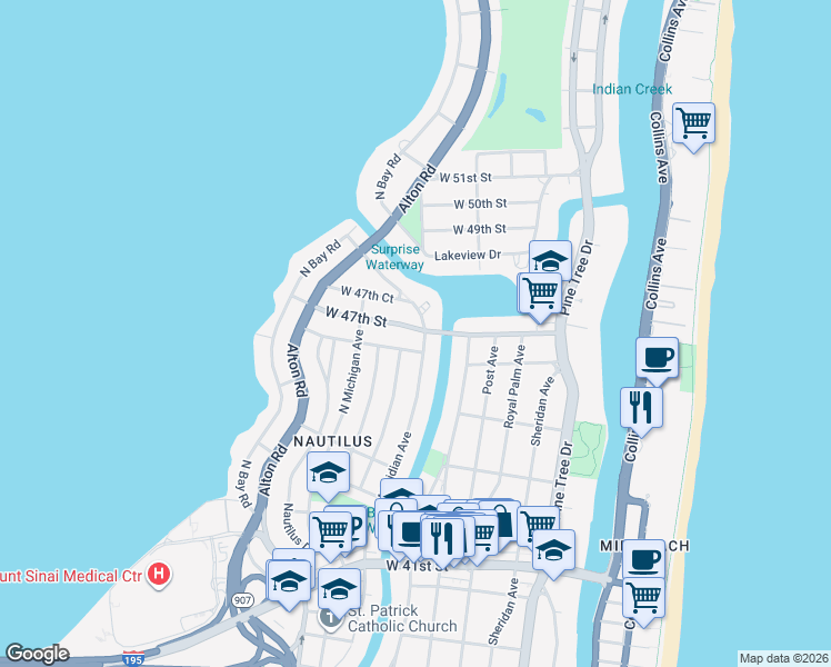 map of restaurants, bars, coffee shops, grocery stores, and more near 835 West 47th Street in Miami Beach