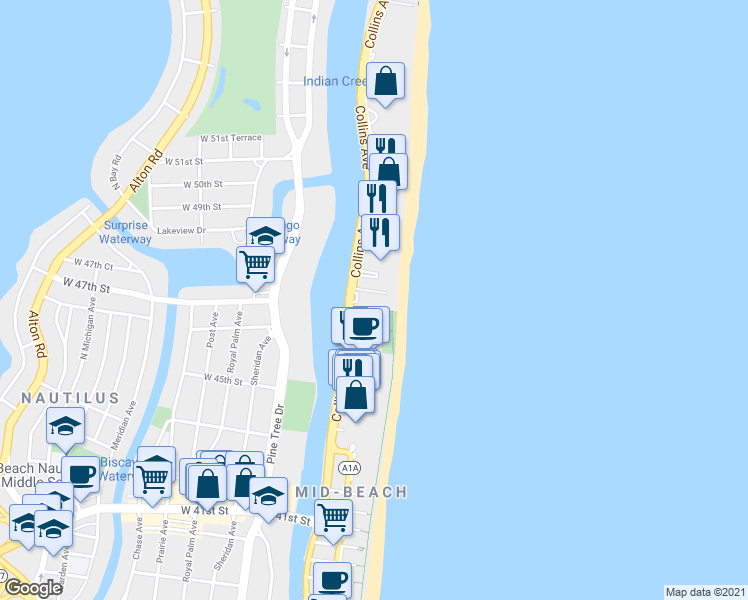 map of restaurants, bars, coffee shops, grocery stores, and more near 4775 Collins Avenue in Miami