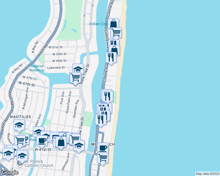 map of restaurants, bars, coffee shops, grocery stores, and more near 4775 Collins Avenue in Miami