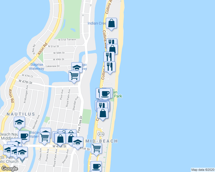 map of restaurants, bars, coffee shops, grocery stores, and more near 4775 Collins Avenue in Miami