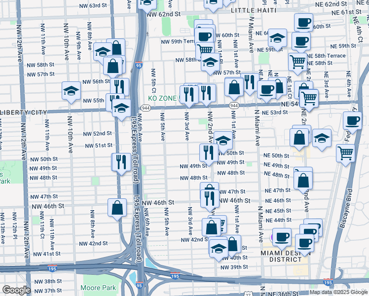 map of restaurants, bars, coffee shops, grocery stores, and more near 301 Northwest 51st Street in Miami