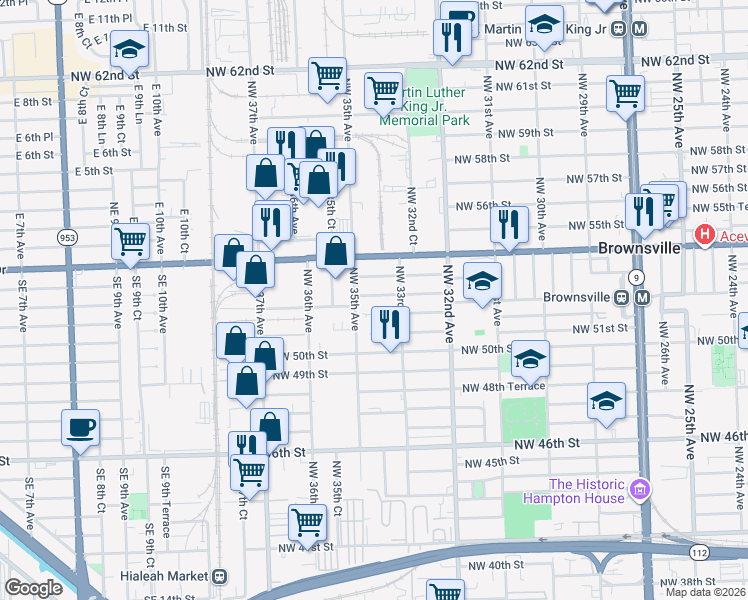 map of restaurants, bars, coffee shops, grocery stores, and more near 3328 Northwest 53rd Street in Miami