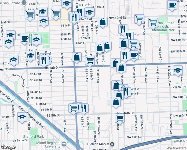 map of restaurants, bars, coffee shops, grocery stores, and more near 955 Southeast 1st Street in Hialeah