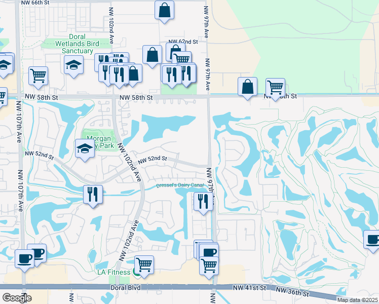 map of restaurants, bars, coffee shops, grocery stores, and more near 9755 Northwest 52nd Street in Doral