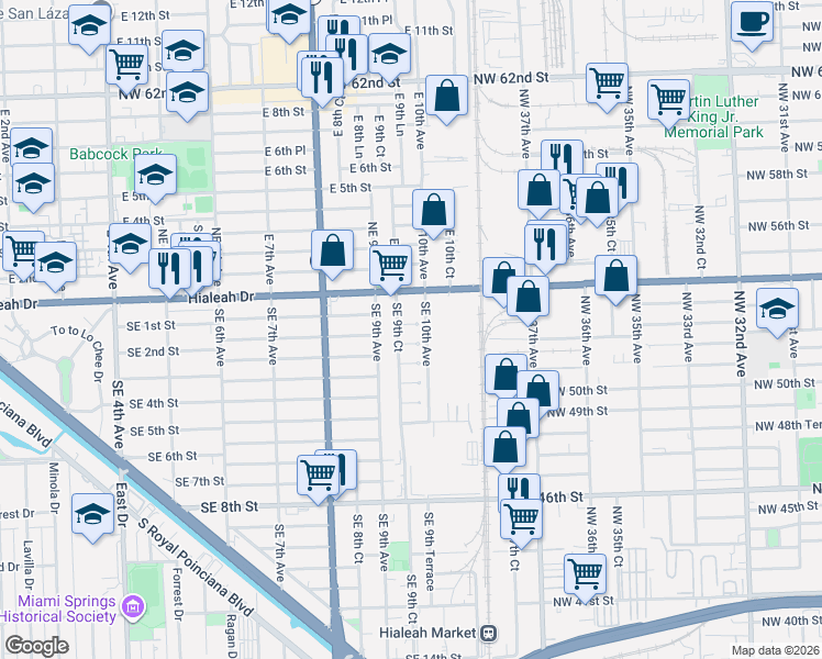 map of restaurants, bars, coffee shops, grocery stores, and more near 955 Southeast 1st Street in Hialeah