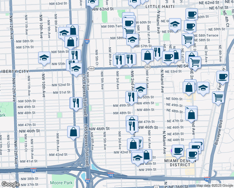 map of restaurants, bars, coffee shops, grocery stores, and more near 301 Northwest 51st Street in Miami