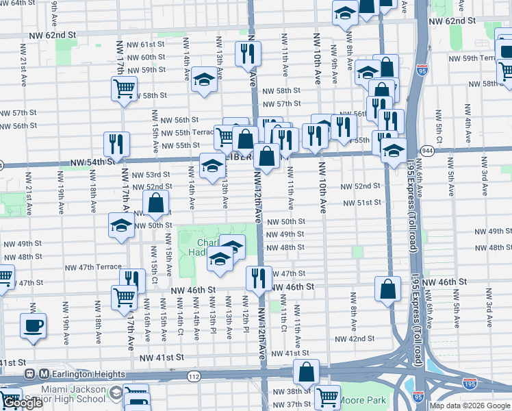 map of restaurants, bars, coffee shops, grocery stores, and more near 1237 Northwest 51st Terrace in Miami