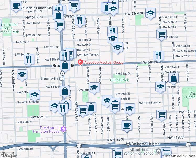map of restaurants, bars, coffee shops, grocery stores, and more near 2312 Northwest 52nd Street in Miami