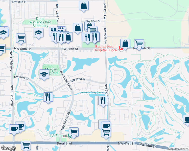 map of restaurants, bars, coffee shops, grocery stores, and more near 9852 Northwest 52nd Lane in Doral