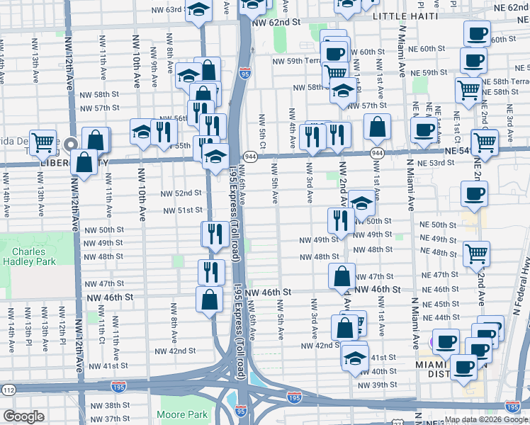 map of restaurants, bars, coffee shops, grocery stores, and more near 555 Northwest 51st Street in Miami