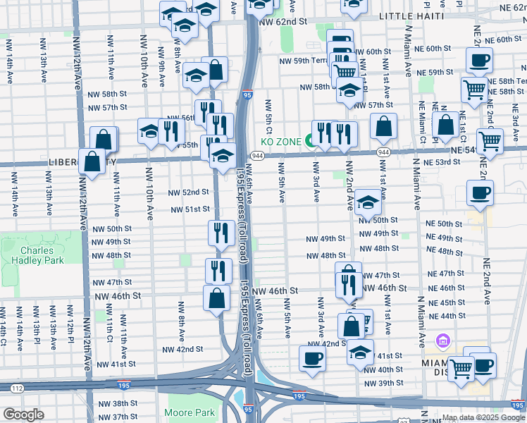 map of restaurants, bars, coffee shops, grocery stores, and more near 555 Northwest 51st Street in Miami