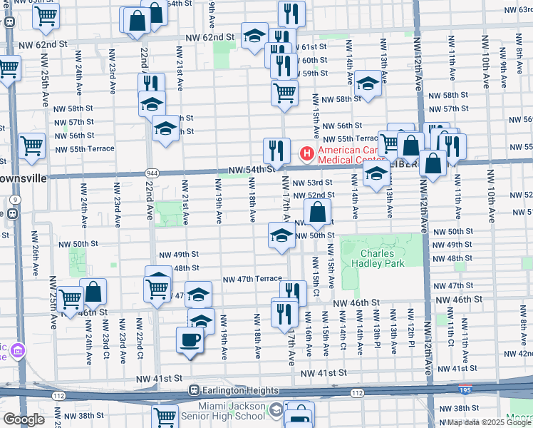 map of restaurants, bars, coffee shops, grocery stores, and more near 1781 Northwest 51st Terrace in Miami