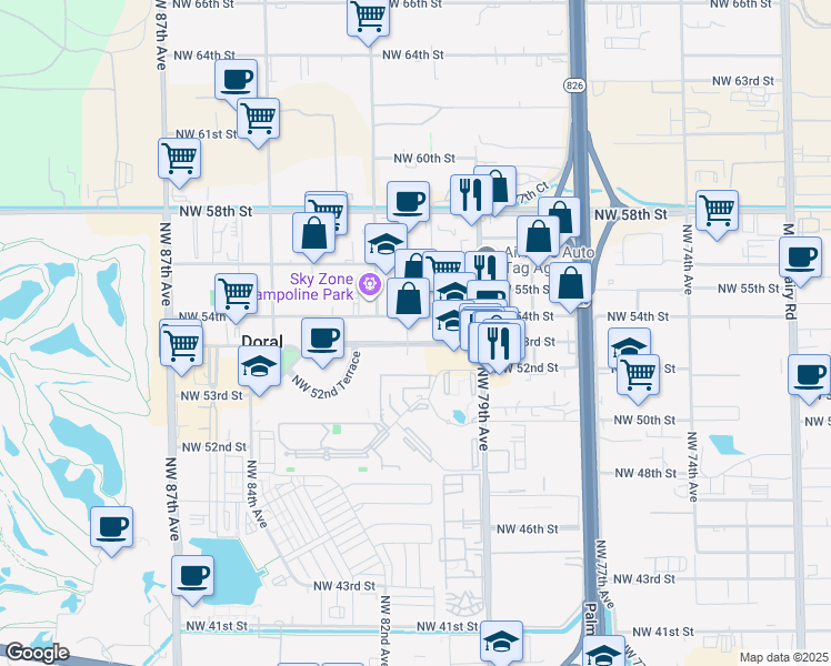 map of restaurants, bars, coffee shops, grocery stores, and more near 8037 Northwest 54th Street in Doral
