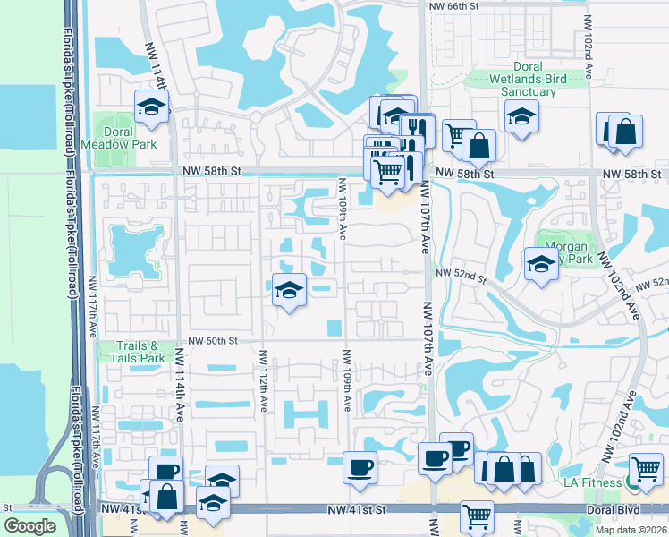 map of restaurants, bars, coffee shops, grocery stores, and more near 5374 Northwest 109th Court in Doral