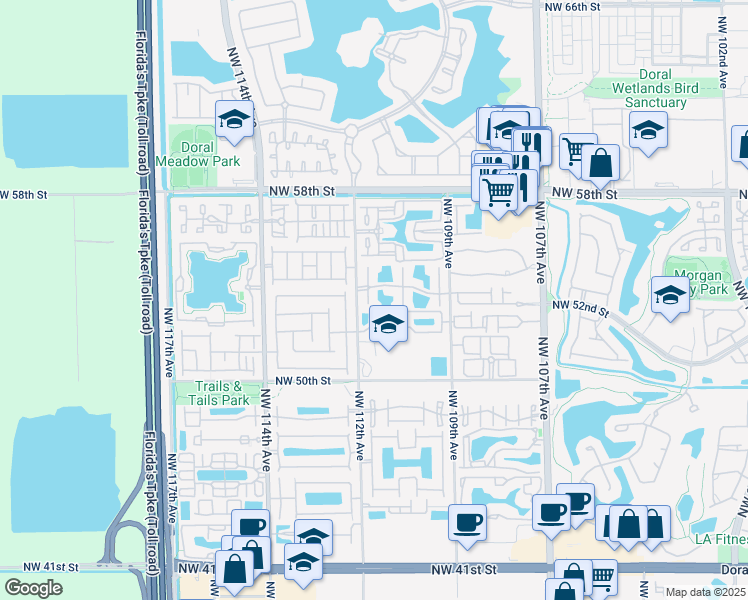 map of restaurants, bars, coffee shops, grocery stores, and more near 5388 Northwest 111th Court in Doral