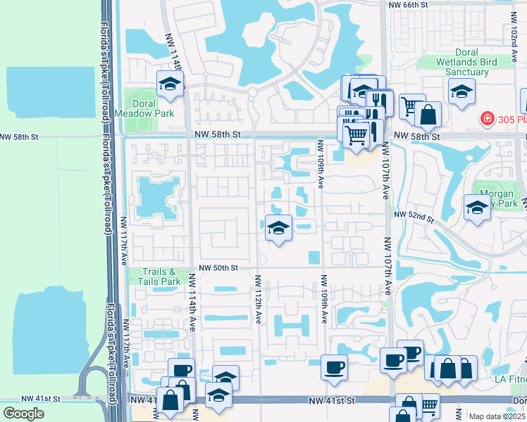 map of restaurants, bars, coffee shops, grocery stores, and more near 5388 Northwest 111th Court in Doral