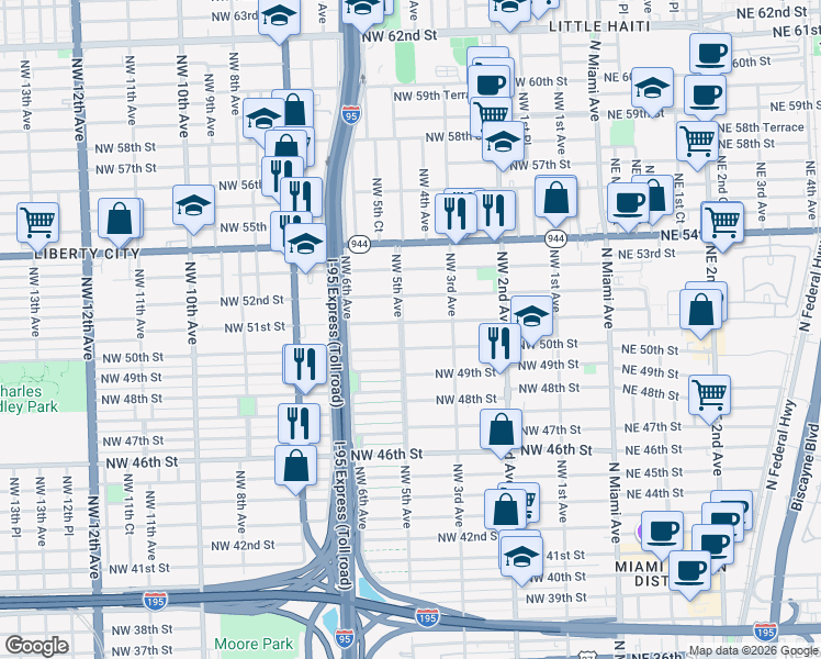 map of restaurants, bars, coffee shops, grocery stores, and more near 441 Northwest 51st Street in Miami
