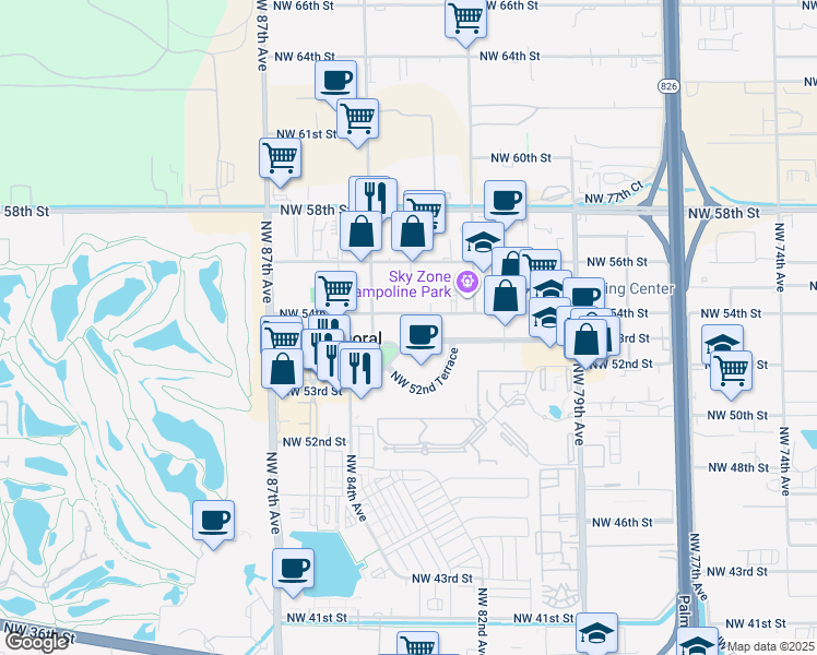 map of restaurants, bars, coffee shops, grocery stores, and more near 8333 Northwest 53rd Street in Doral
