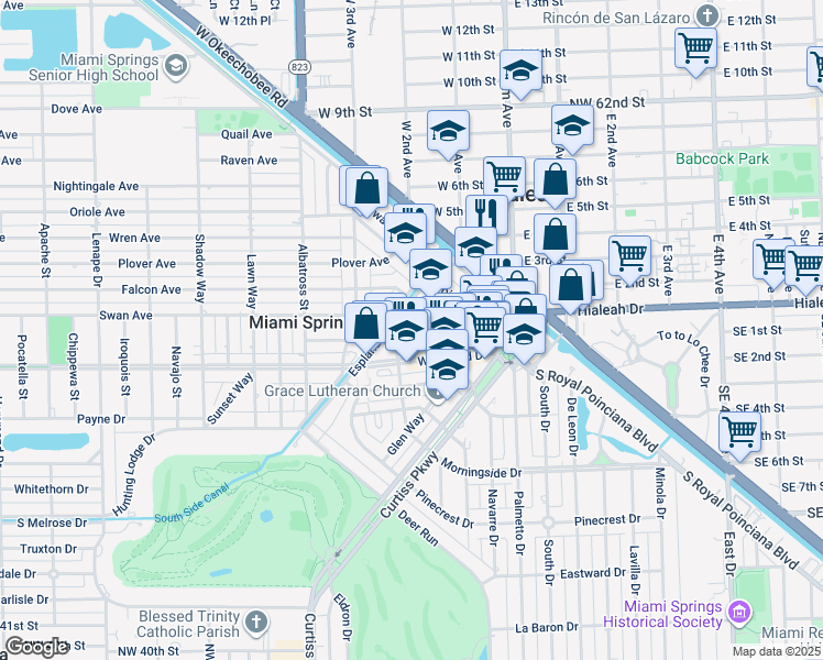 map of restaurants, bars, coffee shops, grocery stores, and more near 230 Esplanade Drive in Miami Springs