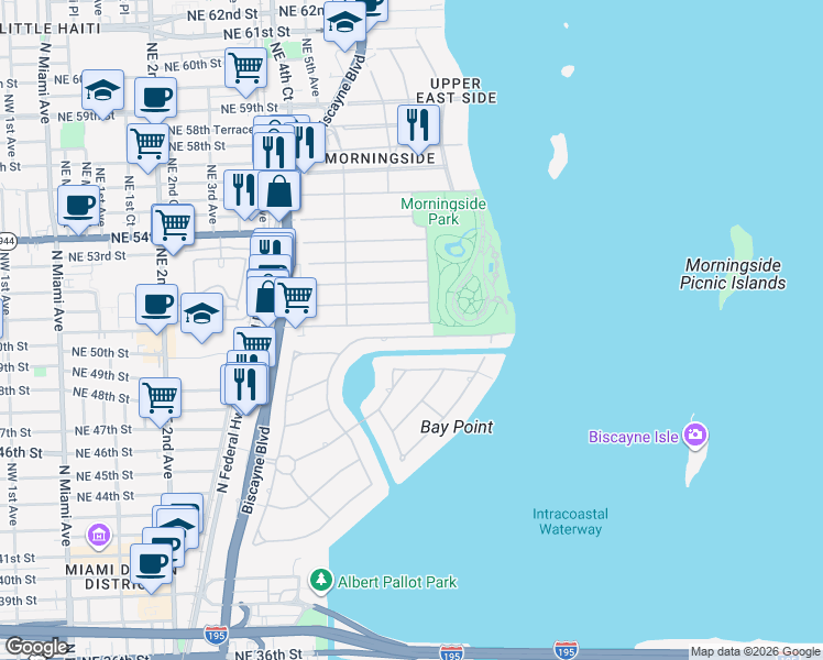map of restaurants, bars, coffee shops, grocery stores, and more near 655 Northeast 50th Terrace in Miami
