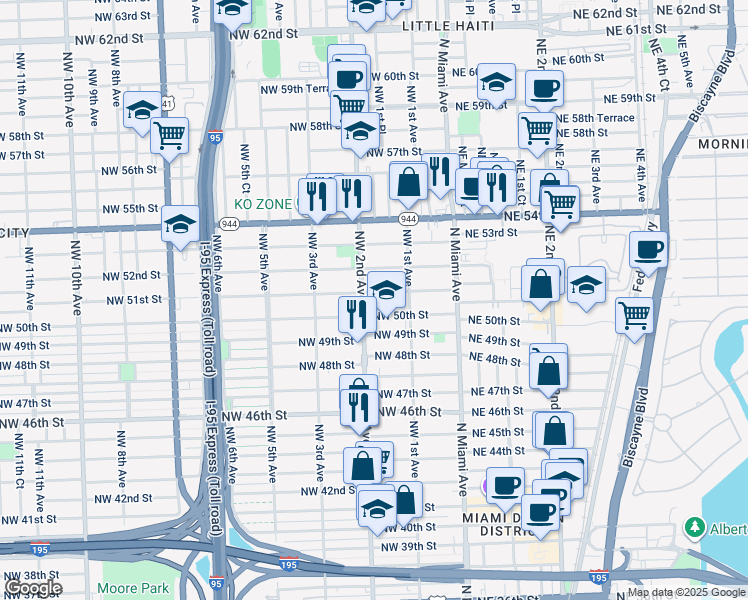 map of restaurants, bars, coffee shops, grocery stores, and more near 169 Northwest 51st Street in Miami