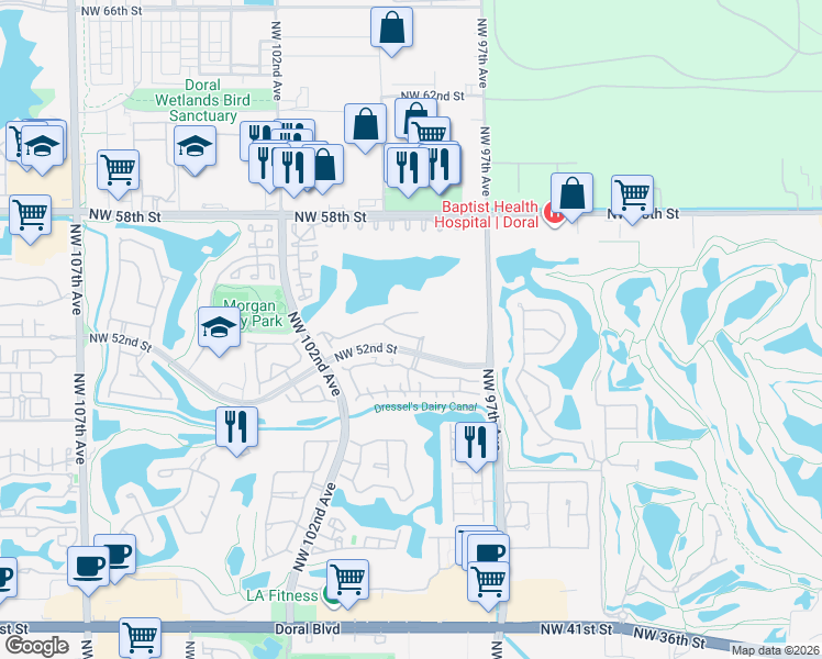map of restaurants, bars, coffee shops, grocery stores, and more near 9852 Northwest 52nd Lane in Doral