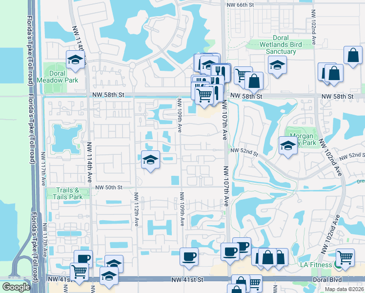 map of restaurants, bars, coffee shops, grocery stores, and more near 10853 Northwest 53rd Lane in Doral