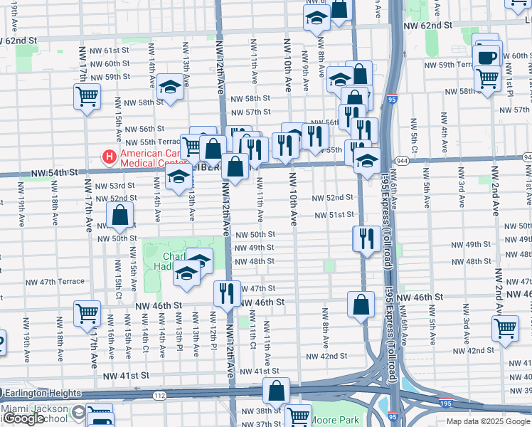 map of restaurants, bars, coffee shops, grocery stores, and more near 5153 Northwest 11th Avenue in Miami