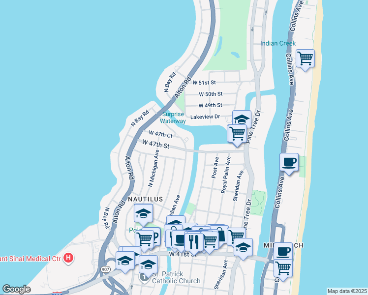 map of restaurants, bars, coffee shops, grocery stores, and more near 835 West 47th Street in Miami Beach