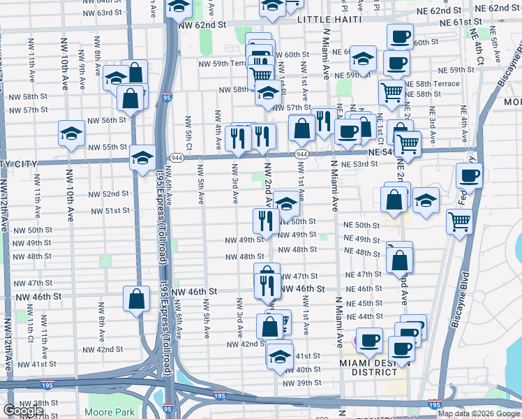 map of restaurants, bars, coffee shops, grocery stores, and more near 231 Northwest 51st Street in Miami