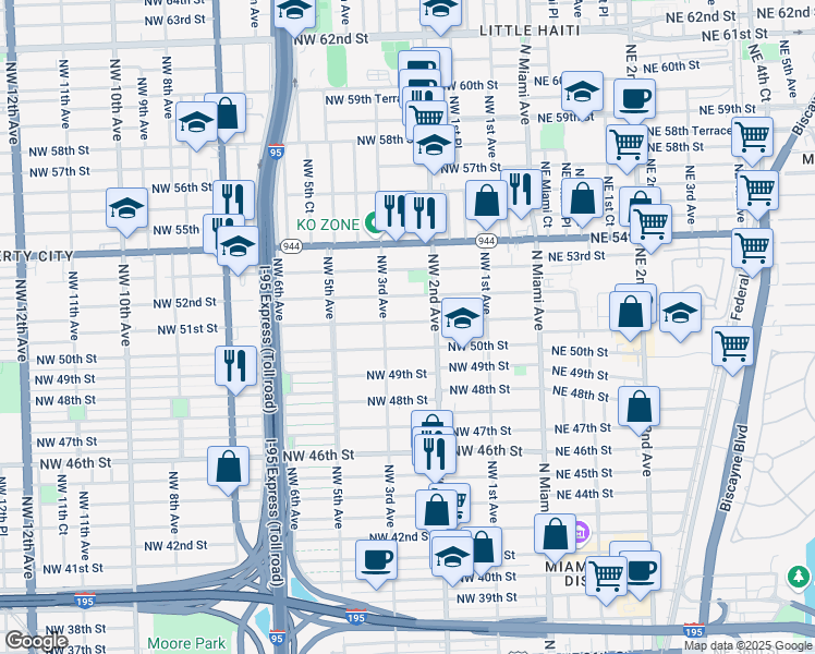 map of restaurants, bars, coffee shops, grocery stores, and more near 231 Northwest 51st Street in Miami