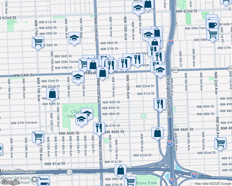 map of restaurants, bars, coffee shops, grocery stores, and more near 5153 Northwest 11th Avenue in Miami