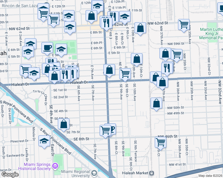 map of restaurants, bars, coffee shops, grocery stores, and more near 800 Hialeah Drive in Hialeah