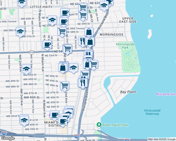 map of restaurants, bars, coffee shops, grocery stores, and more near 5084 Biscayne Boulevard in Miami