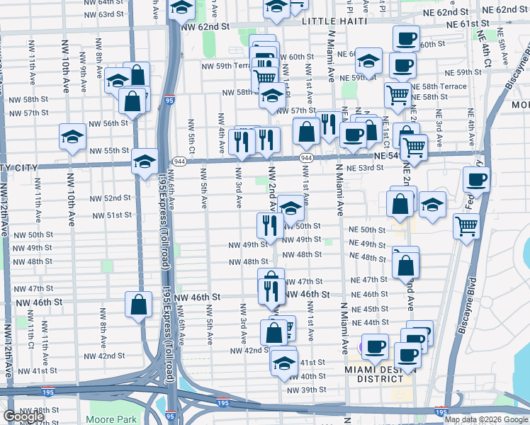 map of restaurants, bars, coffee shops, grocery stores, and more near 231 Northwest 51st Street in Miami