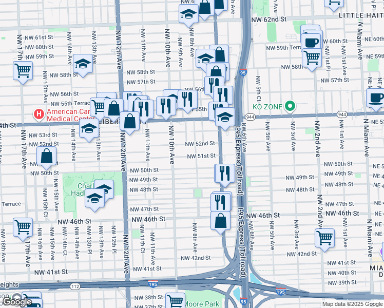 map of restaurants, bars, coffee shops, grocery stores, and more near 819 Northwest 51st Street in Miami
