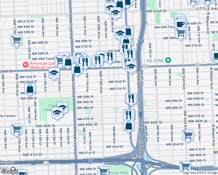 map of restaurants, bars, coffee shops, grocery stores, and more near 841 Northwest 51st Street in Miami