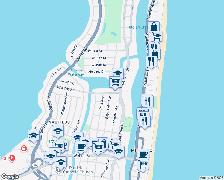 map of restaurants, bars, coffee shops, grocery stores, and more near 353 West 47th Street in Miami Beach