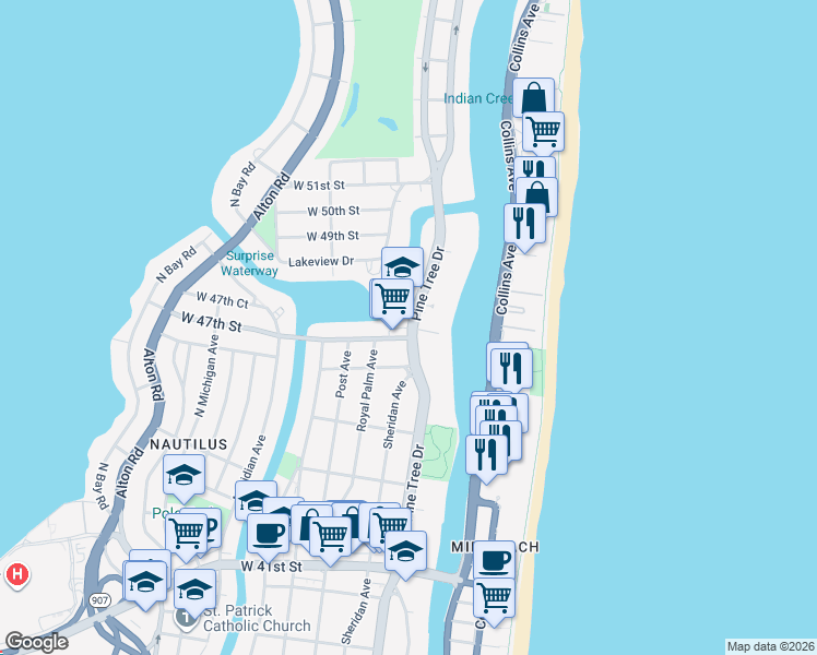 map of restaurants, bars, coffee shops, grocery stores, and more near 4720 Pine Tree Drive in Miami Beach