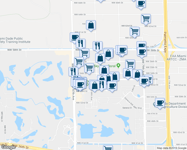 map of restaurants, bars, coffee shops, grocery stores, and more near 8401 Northwest 53rd Terrace in Miami