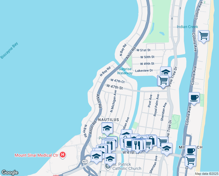 map of restaurants, bars, coffee shops, grocery stores, and more near 1040 West 47th Street in Miami Beach