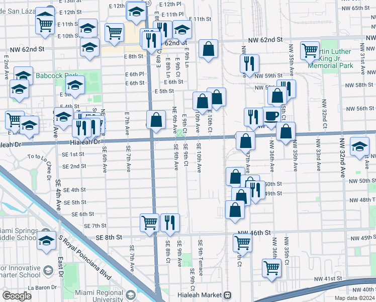 map of restaurants, bars, coffee shops, grocery stores, and more near 955 Southeast 1st Street in Hialeah