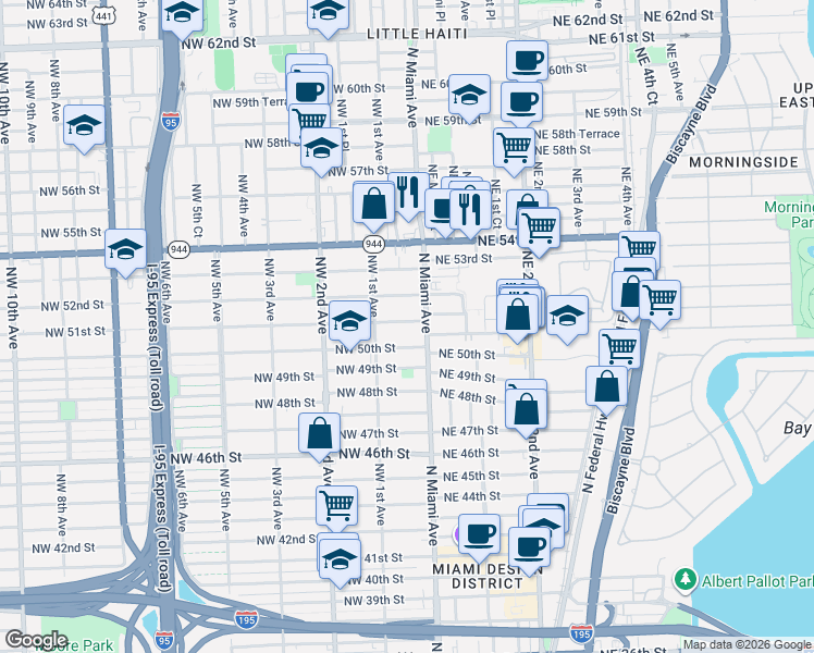 map of restaurants, bars, coffee shops, grocery stores, and more near 5100 North Miami Avenue in Miami