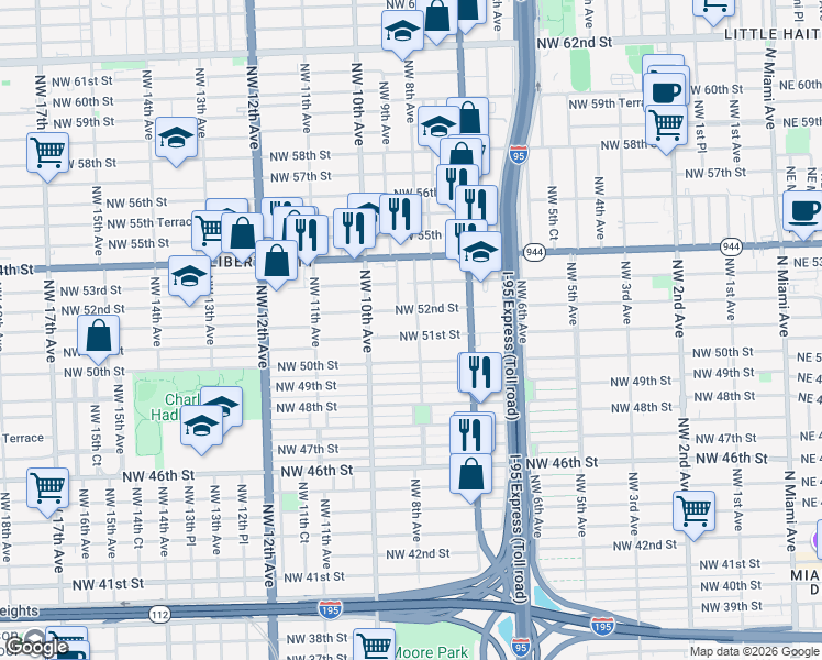 map of restaurants, bars, coffee shops, grocery stores, and more near 841 Northwest 51st Street in Miami