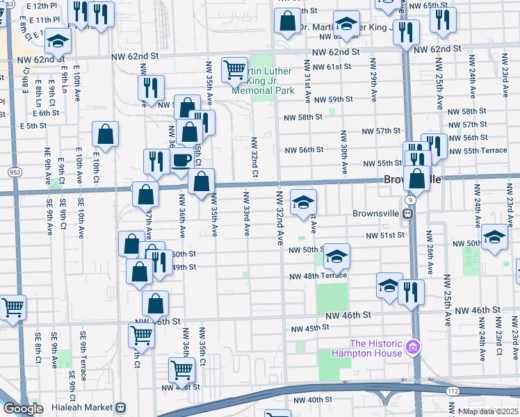 map of restaurants, bars, coffee shops, grocery stores, and more near 3261 Northwest 52nd Street in Miami