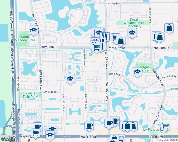 map of restaurants, bars, coffee shops, grocery stores, and more near 10853 Northwest 53rd Lane in Doral